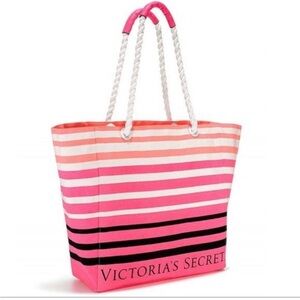 Victoria's Secret Large Beach Tote Bag Rope Handles Pink Coral White Black